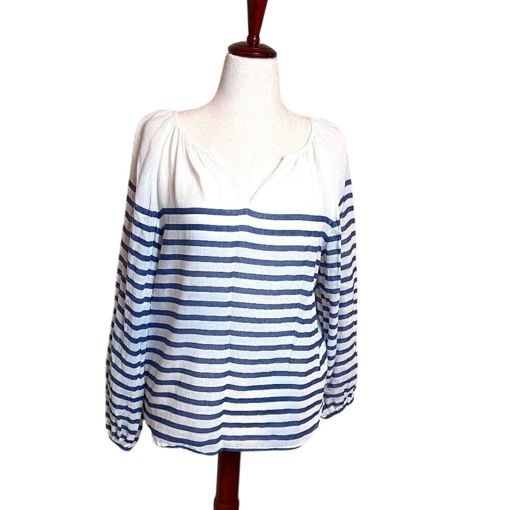 Vince Camuto tunic long sleeve navy & white sheer gauze open neck blouse Sz L